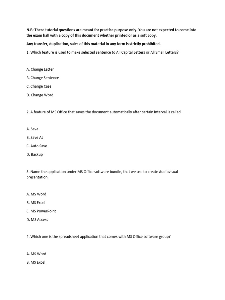 MS Office Practice Questions Guide | PDF | Microsoft Excel | Microsoft Word