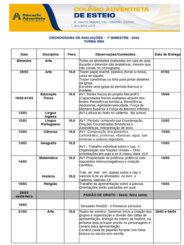 Cronograma de Avaliações 8MA 2024 | PDF