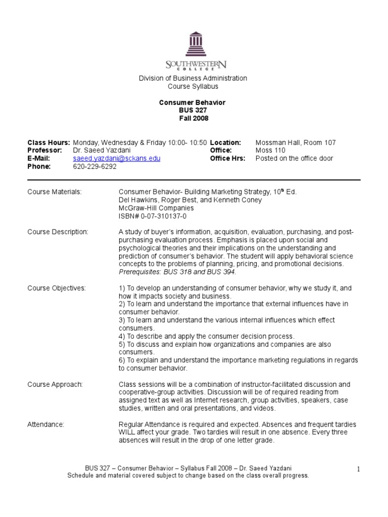 Consumer Behavior Course Outline | PDF | Consumer Behaviour | Homework
