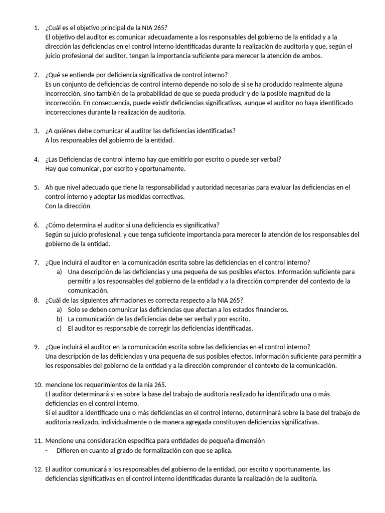 Cuestionario NIA 265 | PDF | Auditoría | Contralor