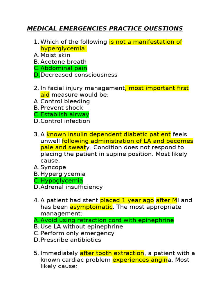 Medical Emergencies Practice Questions | PDF | Diabetes | Hypoglycemia