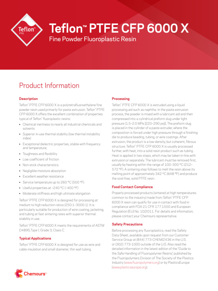 Teflon Ptfe CFP 6000 X Product Info | PDF | Extrusion | Materials