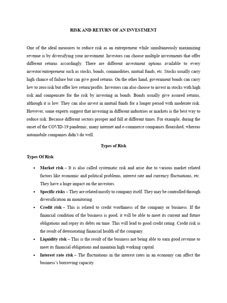 Risk and Return of An Investment | PDF | Financial Risk | Interest