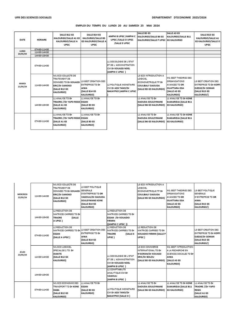 Emploi du temps UPGC Mai 2024 | PDF