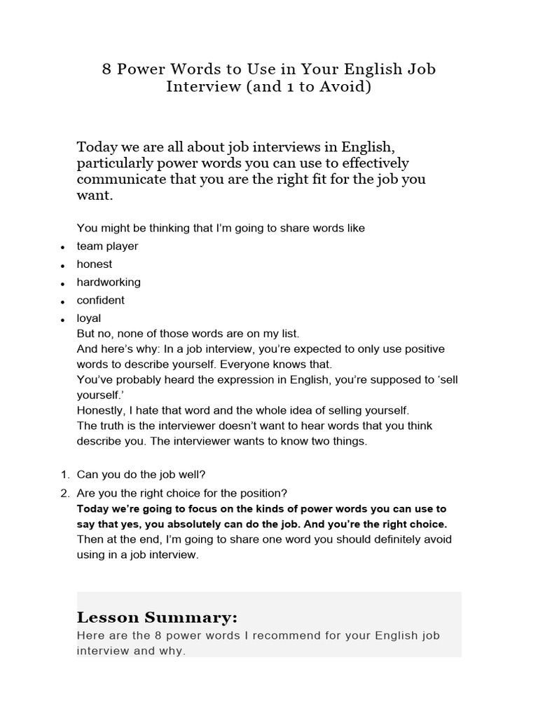 Words to use in an interview pdf job interview