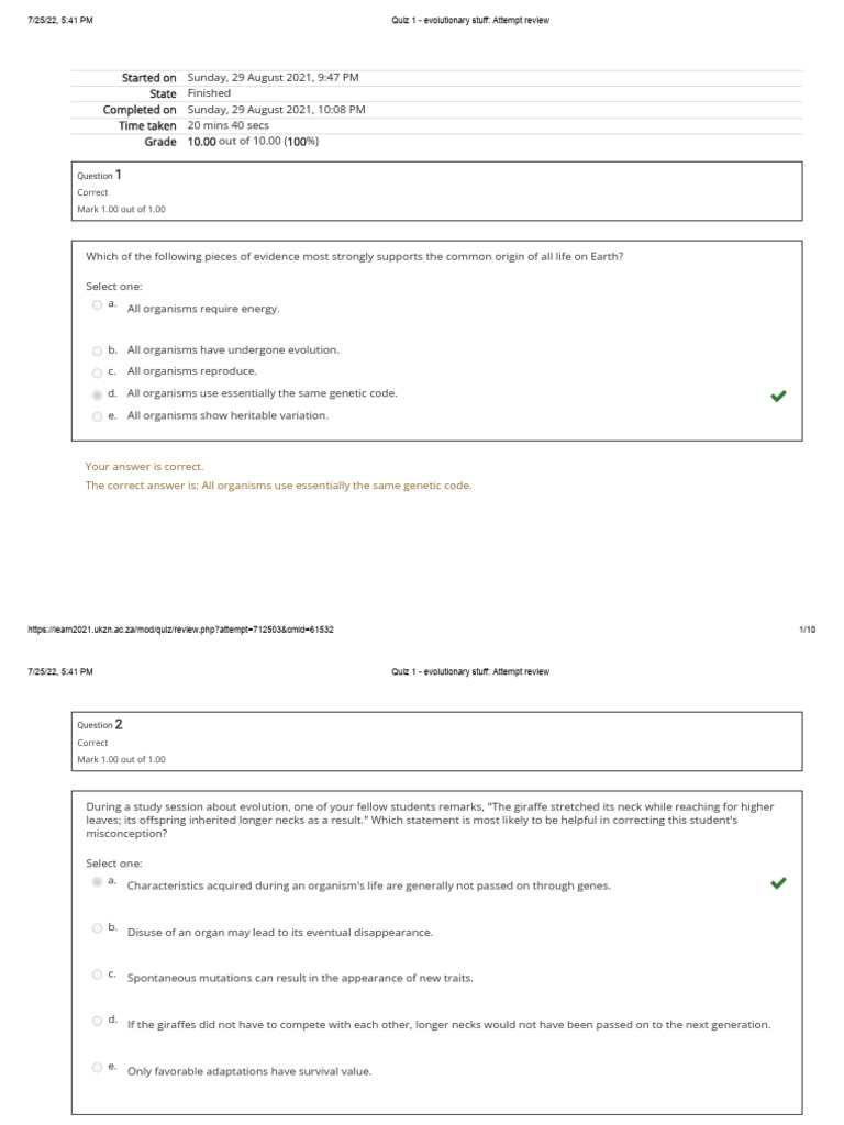 Quiz 1 - Evolutionary Stuff - Attempt Review | PDF | Evolution ...