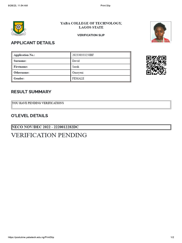 YABATECH Verification Slip Details | PDF
