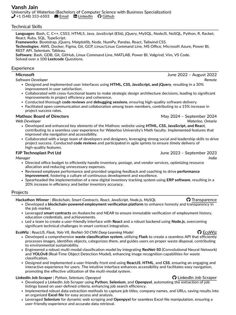 Tech Resume for Software Roles | PDF | J Query | Java Script