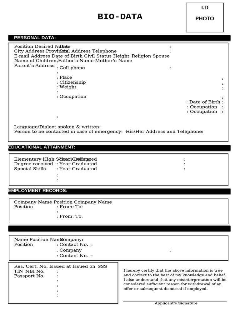 Bio Data Formdocx | PDF | Government And Personhood