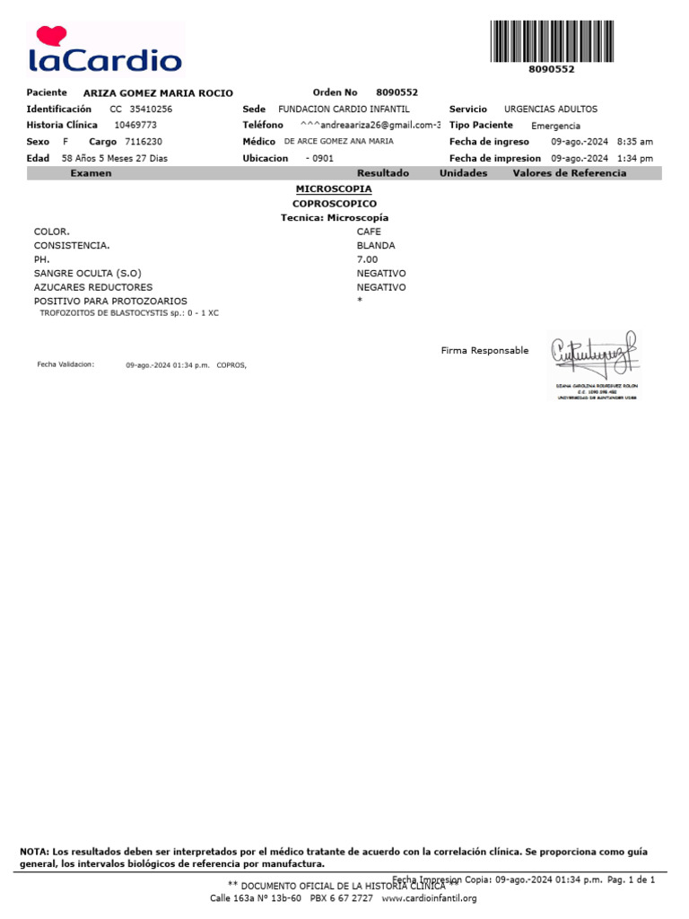 Informe Médico de Coproscopia | PDF | Medicina | Cuidado de la salud