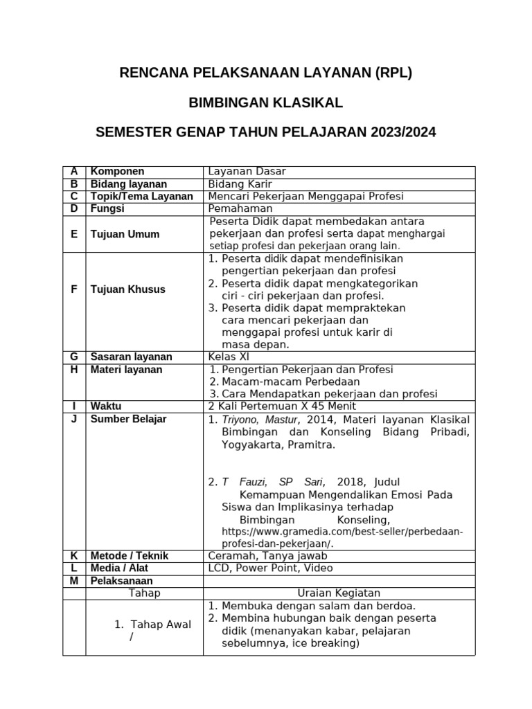 Rencana Pelaksanaan Bimbingan Karir | PDF | Karier & Perkembangan ...