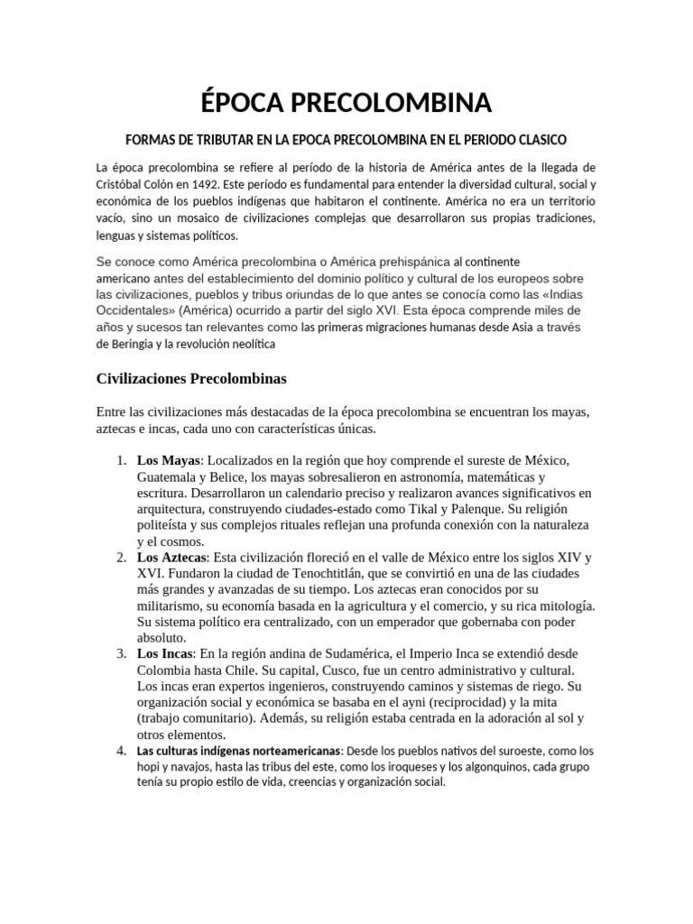 Tributación En Civilizaciones Precolombinas Pdf Era Precolombina