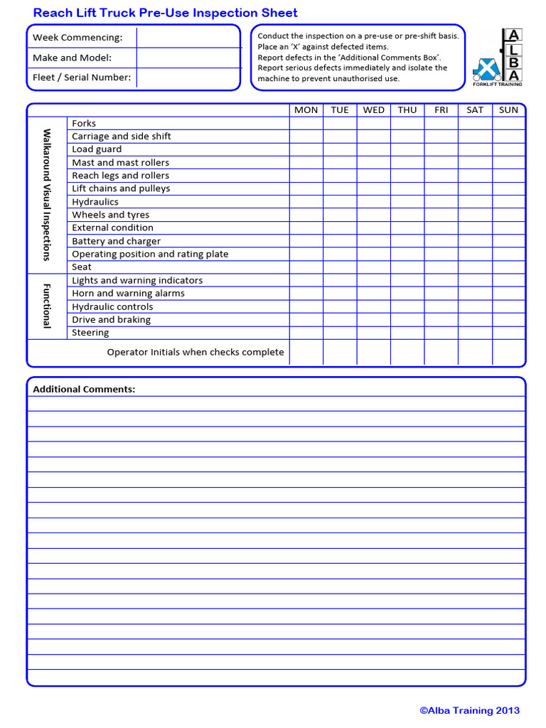 Reach Truck Pre-Use Inspection Sheet | PDF