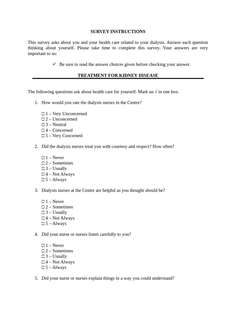 Dialysis Patient Care Survey Instructions | PDF | Nursing | Clinical ...