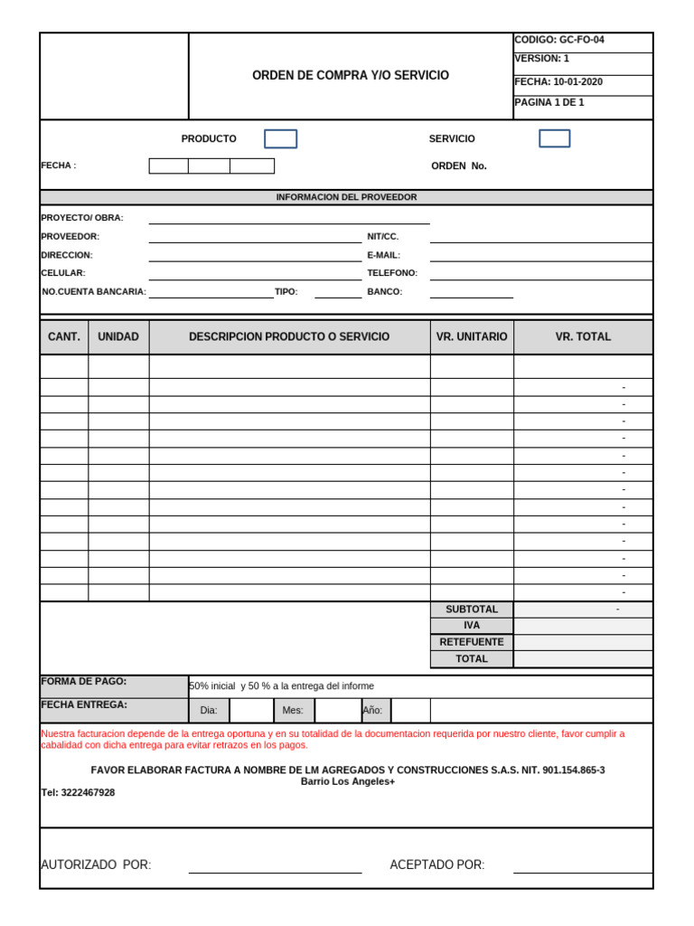 Formato 9.. Orden de Compra Materiales | PDF | Factura | Industrias de ...