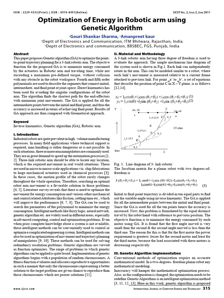2011 - Optimization of Energy in Robotic Arm Using Genetic Algorithm ...