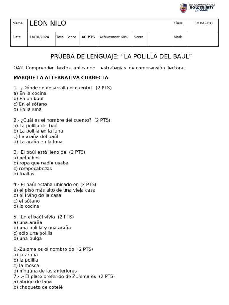Prueba de Lenguaje: La Polilla del Baúl | PDF