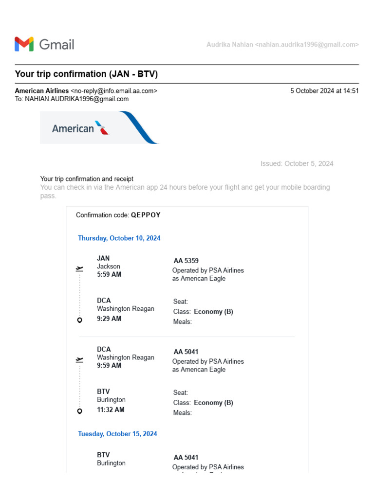 Your Trip Confirmation JAN BTV | PDF | Baggage | American Airlines