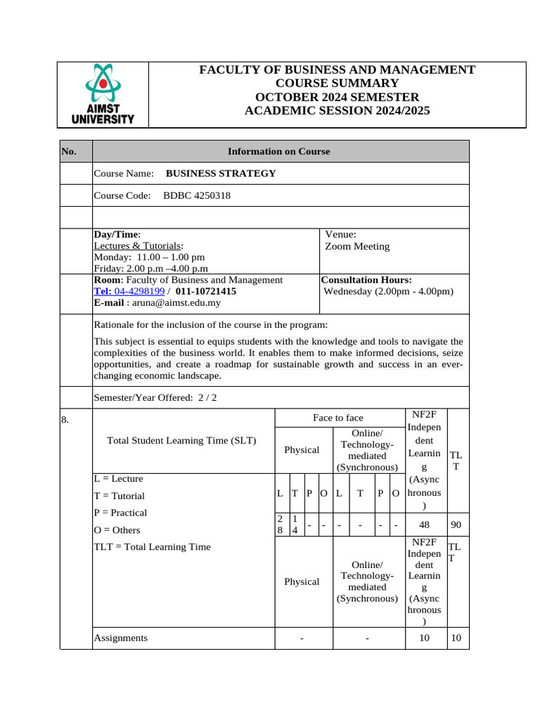 BDBC 4250318 - Business Strategy - Course Outline (Oct'24) | PDF ...