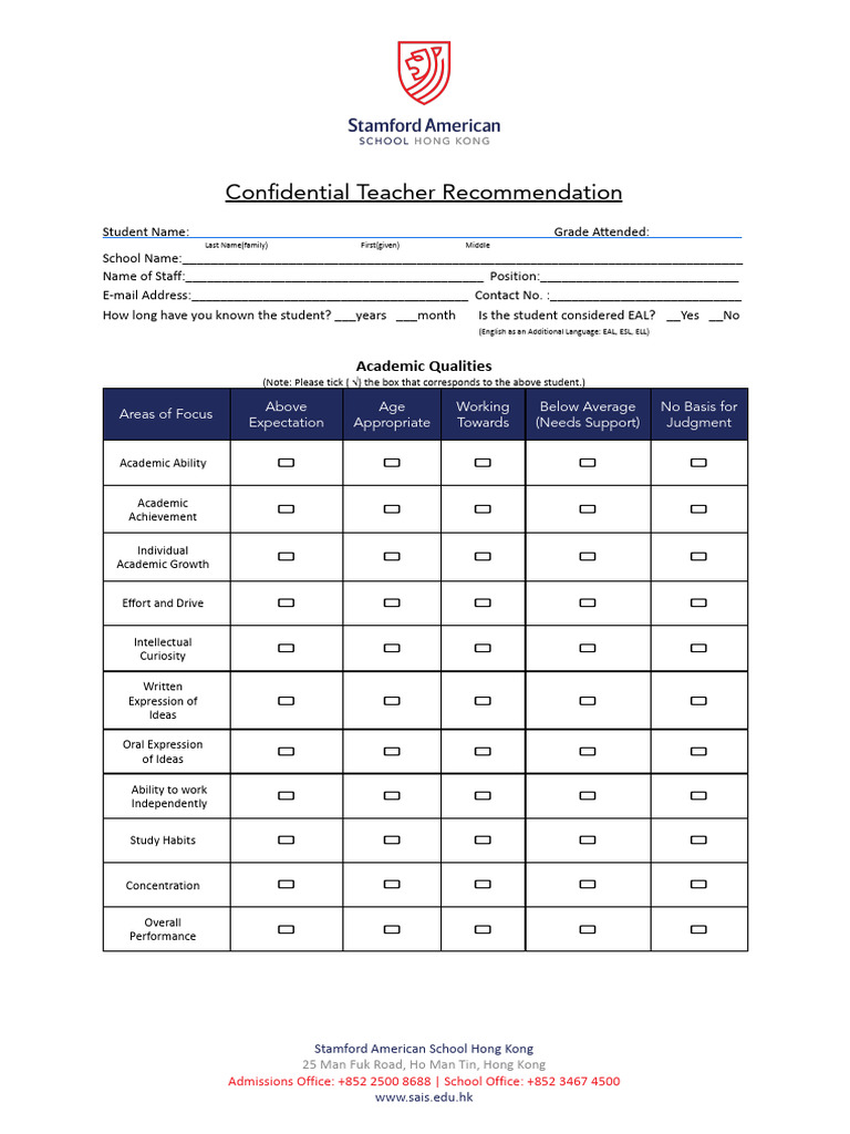 Teacher Recommendation Form Template | PDF | English As A Second Or ...