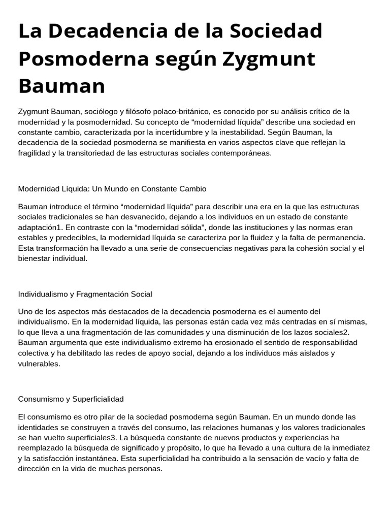 Decadencia de la Sociedad Posmoderna según Bauman | PDF | Modernidad ...