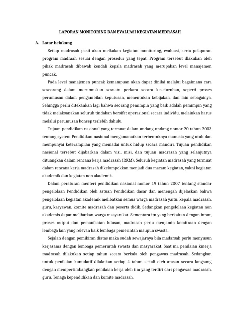 Laporan Monitoring Dan Evaluasi Kegiatan Medrasah Pdf