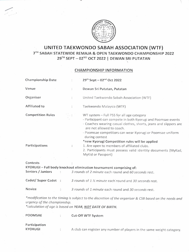 Maklumat Kejohanan WTF 2022 Sabah | PDF