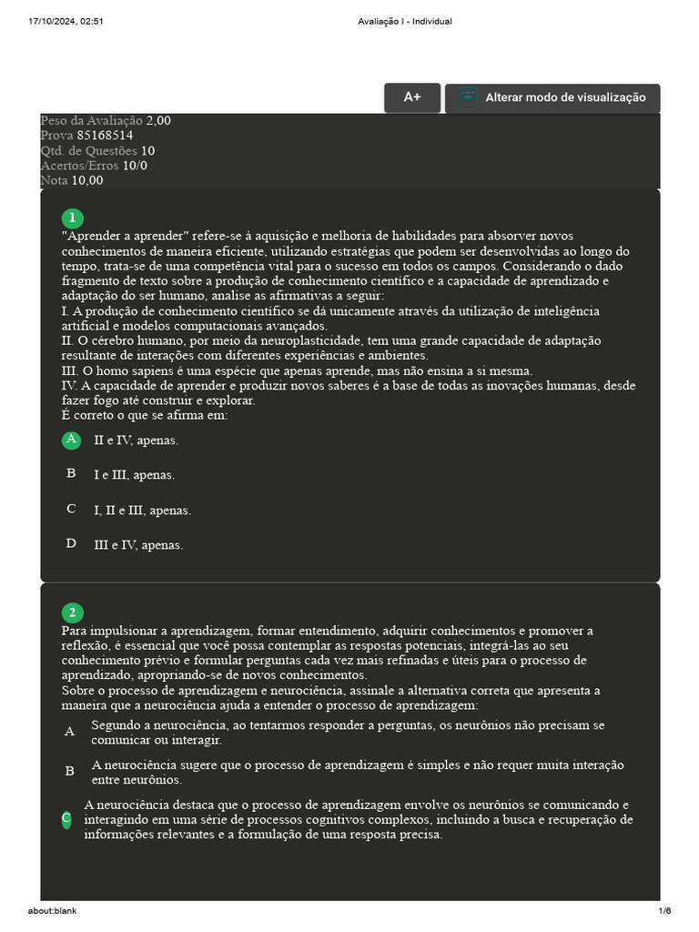 Avaliação sobre Aprendizagem e Conhecimento | PDF | Aprendizado ...