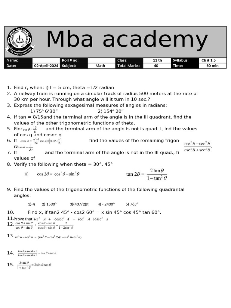 Mba Academy: 11 TH CH # 1,5 02-April-2024 Math 40 60 Min | PDF ...