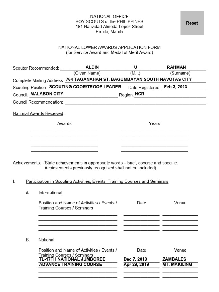 Boy Scouts National Awards Application Form | PDF | Girl Guiding And ...