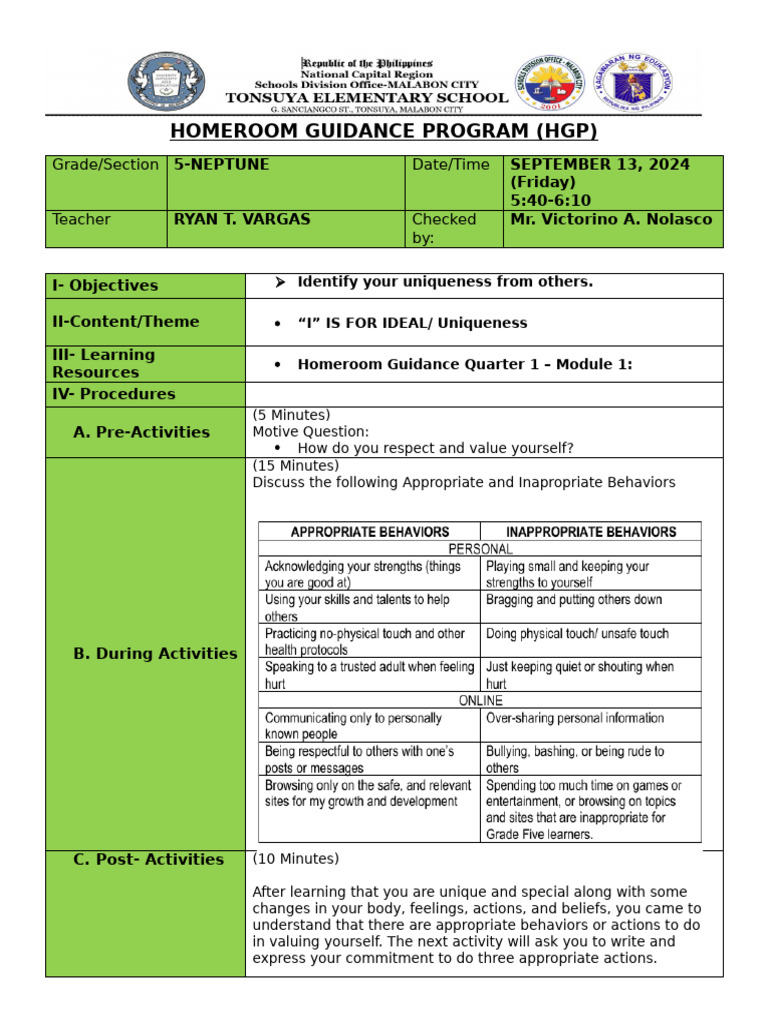 Homeroom Guidance on Self-Value | PDF | Psychology | Psychological Concepts