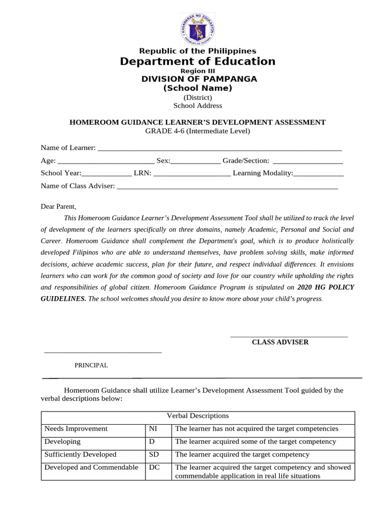 Homeroom Guidance Learner Development Assessment Intermediate Grade 4 6