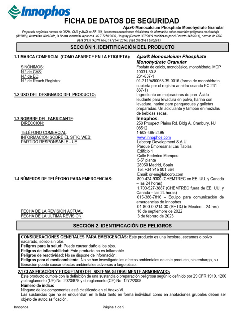 Safety Data Sheet (Spanish) PDF Administración de Seguridad y Salud