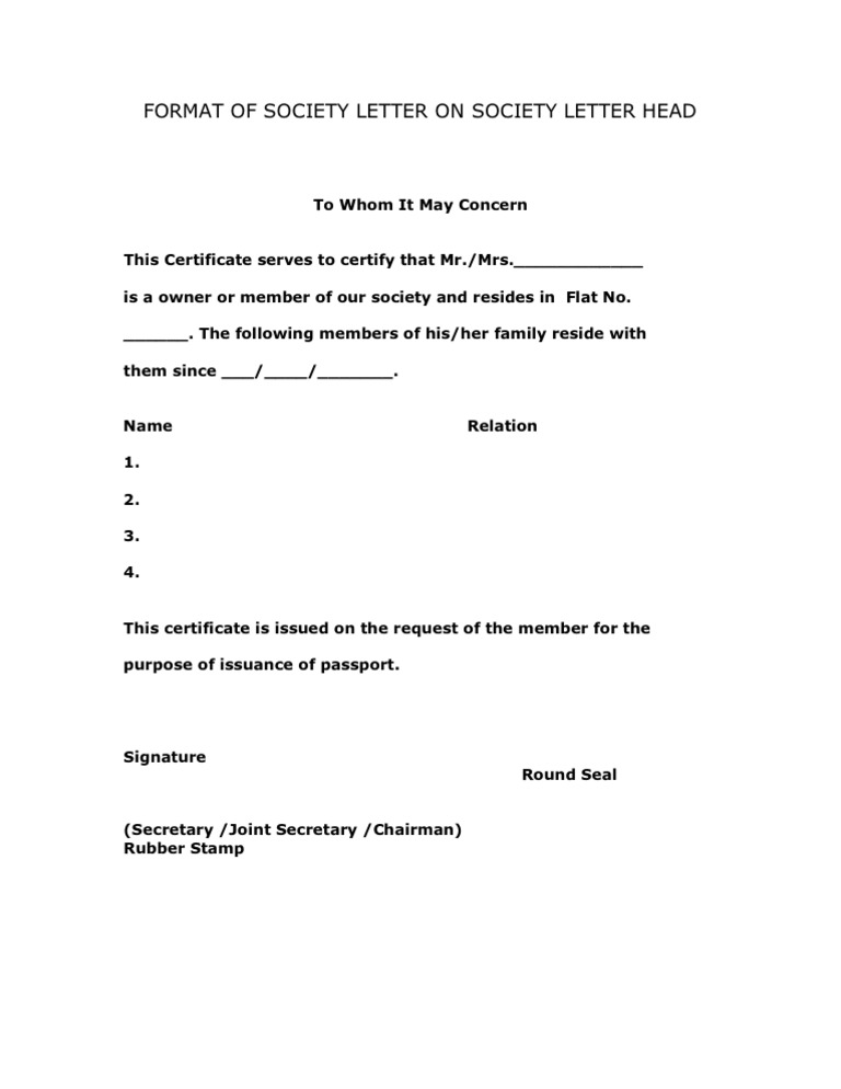 Society Letter Format for Passport Verification | PDF