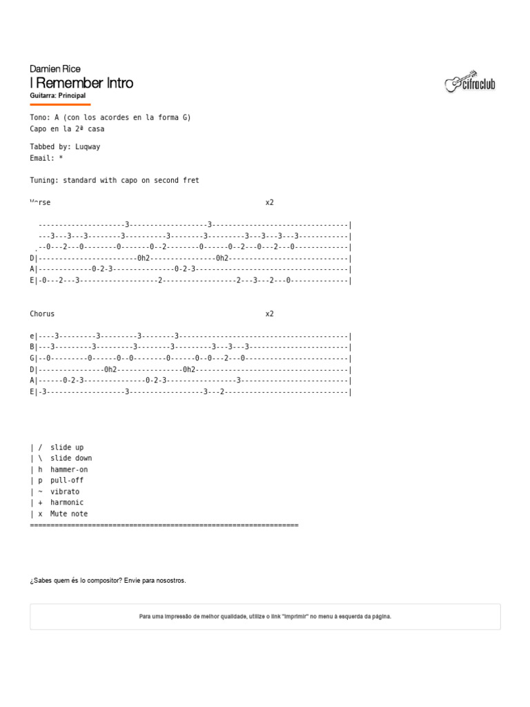 Cifra Club - I REMEMBER INTRO - Damien Rice (Cifra Con Vídeo Aula) | PDF