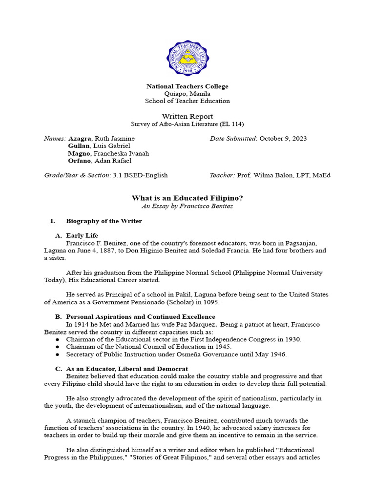 Written Report - EL114 | PDF | Essays | Society