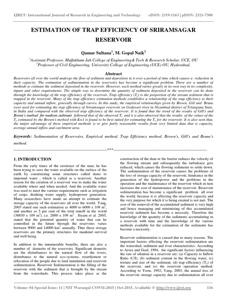 Trap Efficiency of Sriramsagar Reservoir | PDF | Discharge (Hydrology ...