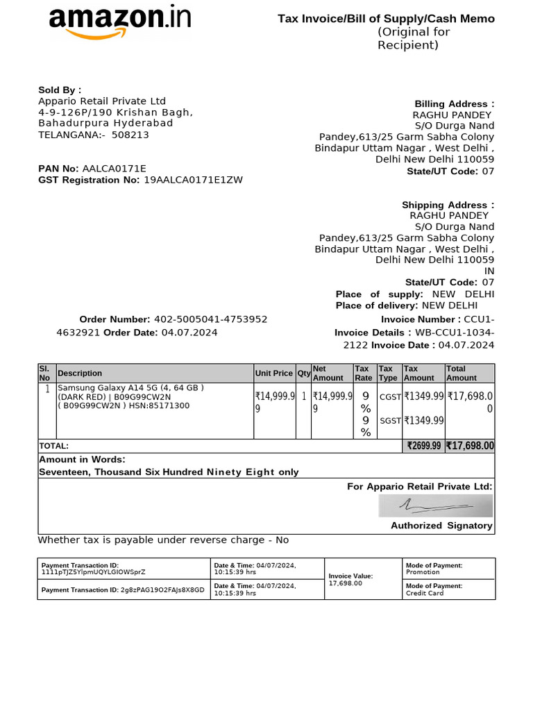 SamsungA14 5ginvoice | PDF | Invoice | Payments
