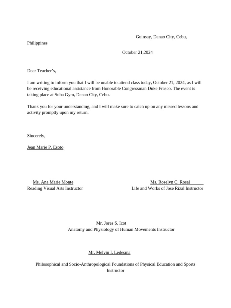 Absence Notification for Class on 10/21/24 | PDF