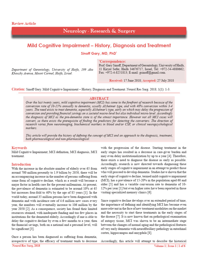 Mild Cognitive Impairment - History, Diagnosis and Treatment | PDF ...