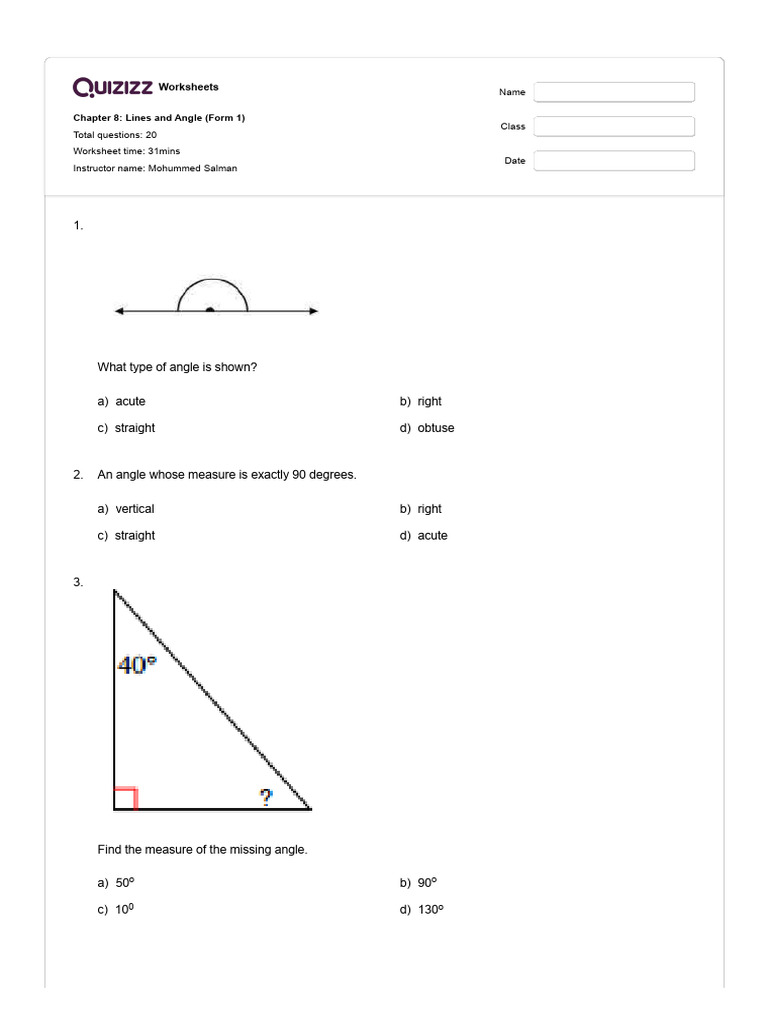 Lines and Angles Worksheet Answers | PDF | Angle | Triangle Geometry