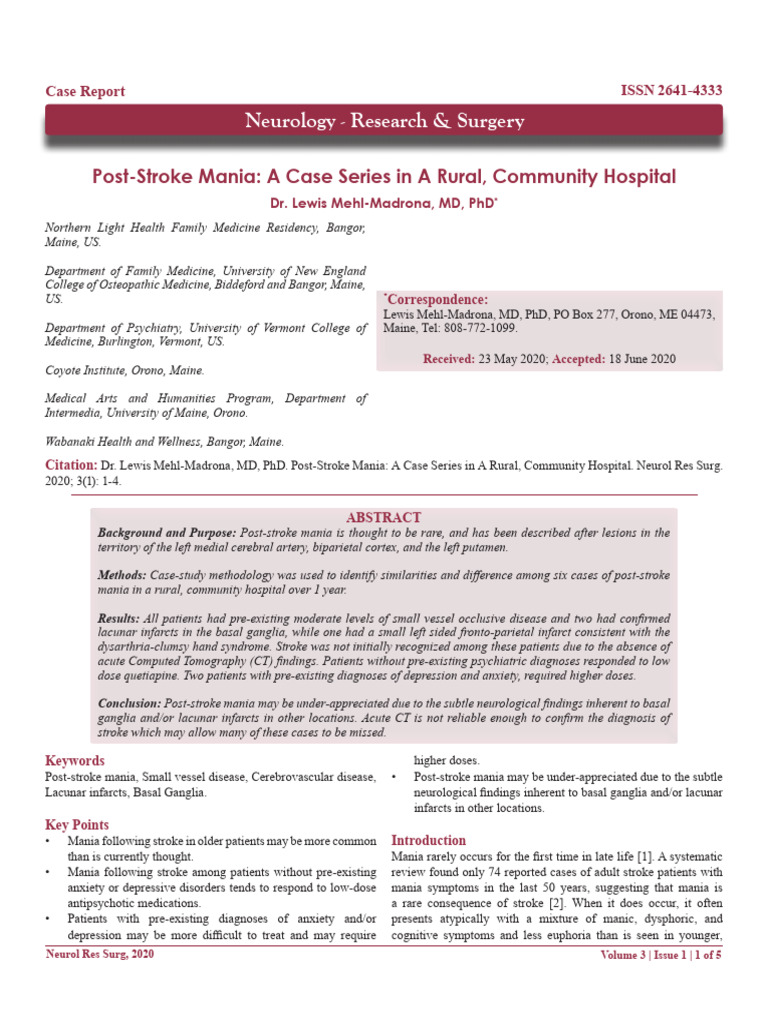 Post-Stroke Mania: A Case Series in A Rural, Community Hospital | PDF ...