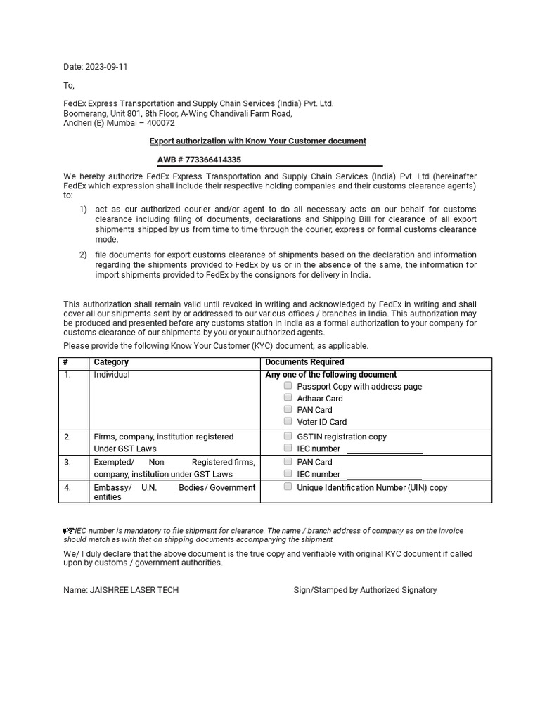 Export Authorization for FedEx | PDF | Government And Personhood