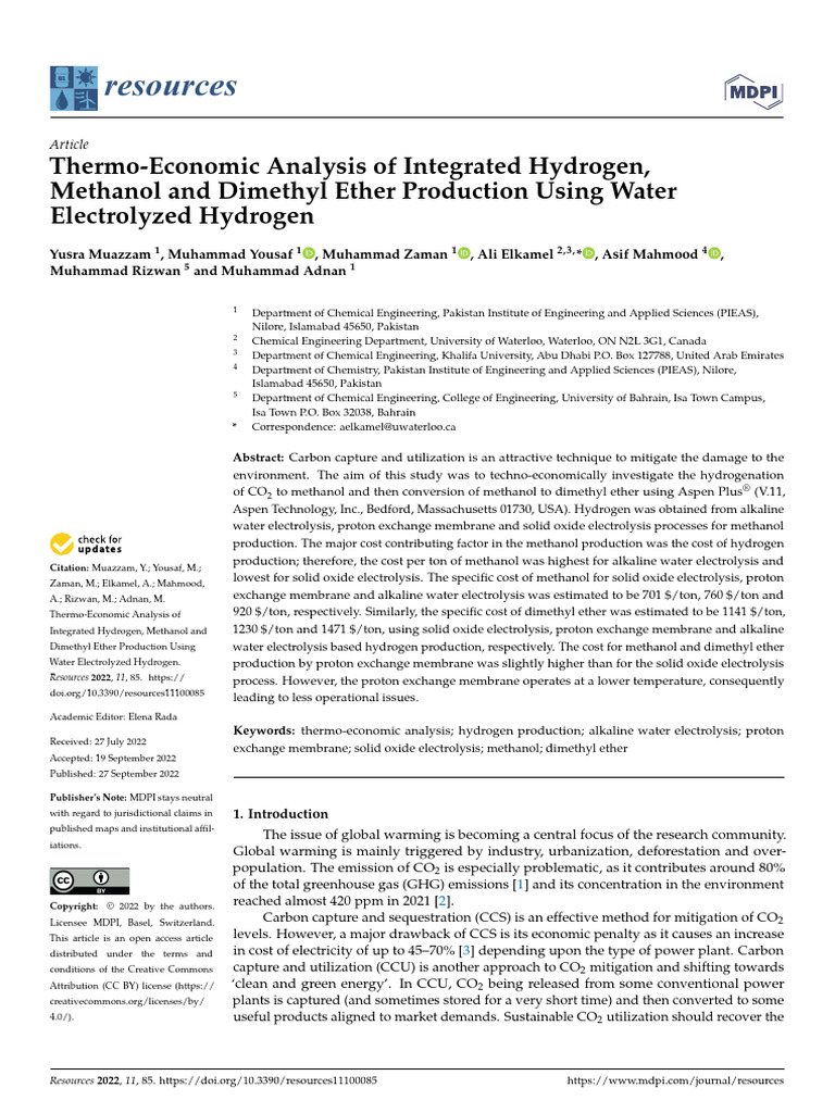 Thermo-Economic Analysis of Hydrogen-Methanol Production | PDF ...