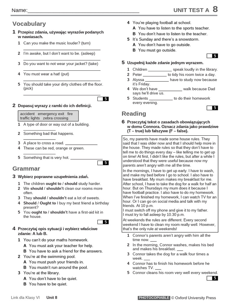 Unit Test A8: Vocabulary & Grammar | PDF