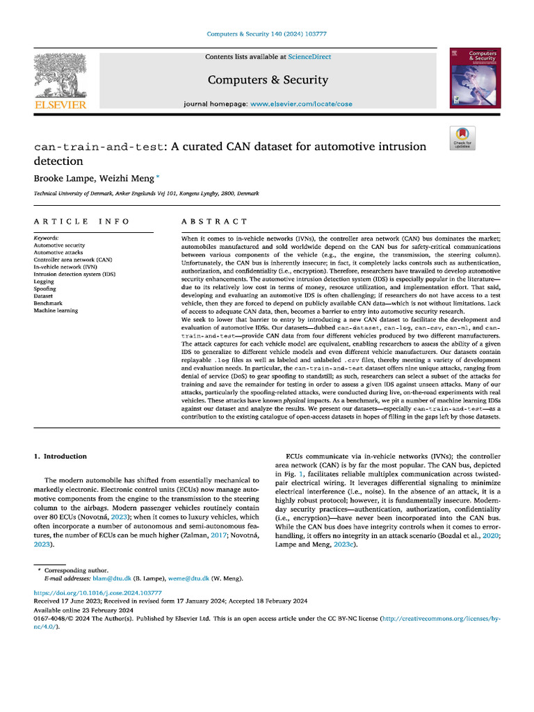 A Curated CAN Dataset For Automotive IDS | PDF