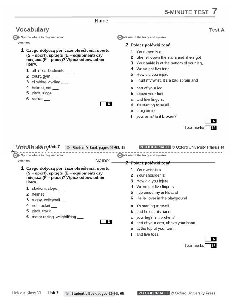 Link L6 U7 5min Test Vocab | PDF | Sports | Musculoskeletal System