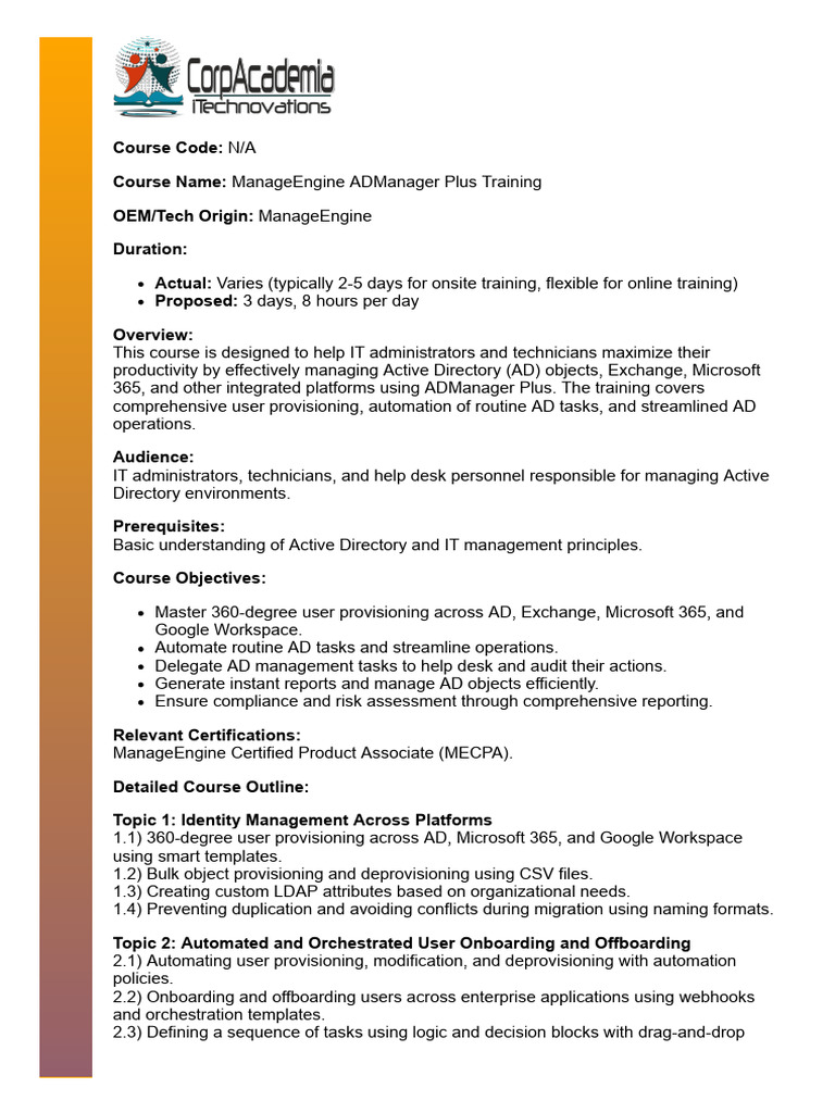 ManageEngine ADManager Plus Training | PDF | Active Directory | Risk