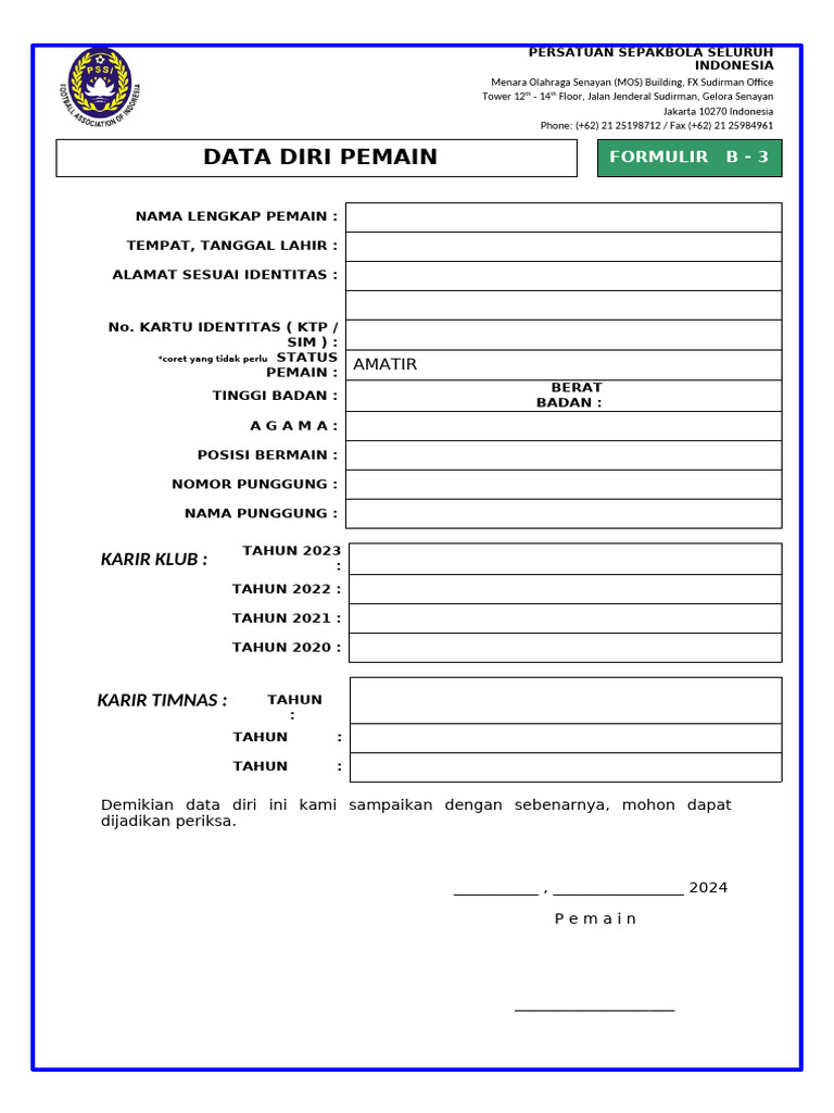 Formulir Seleksi Timnas Indonesia U13 | PDF
