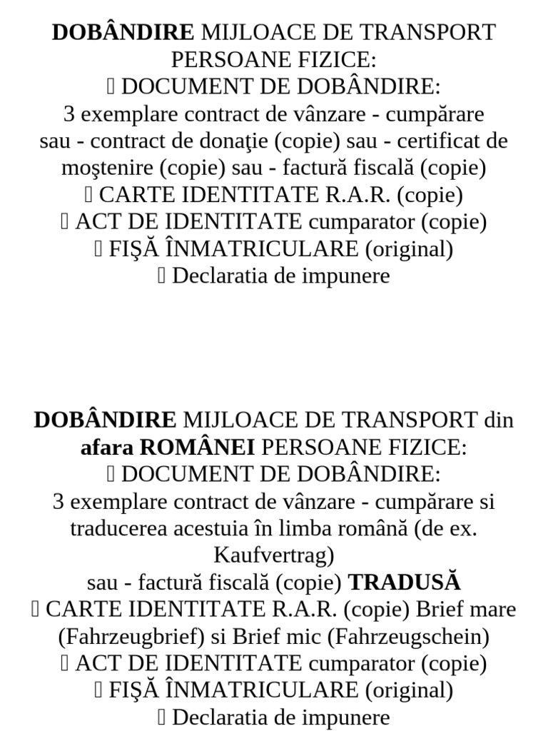 Acte Necesare Pentru Inmatriculari AUTO | PDF
